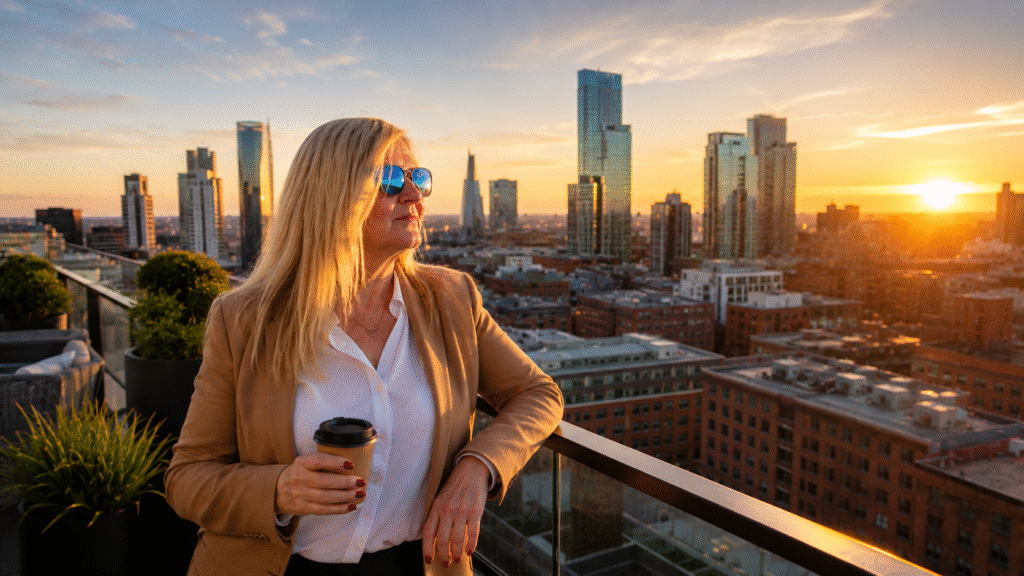 Helen Louise Adams in a Manchester café reflecting on business growth, success and developing a growth mindset.