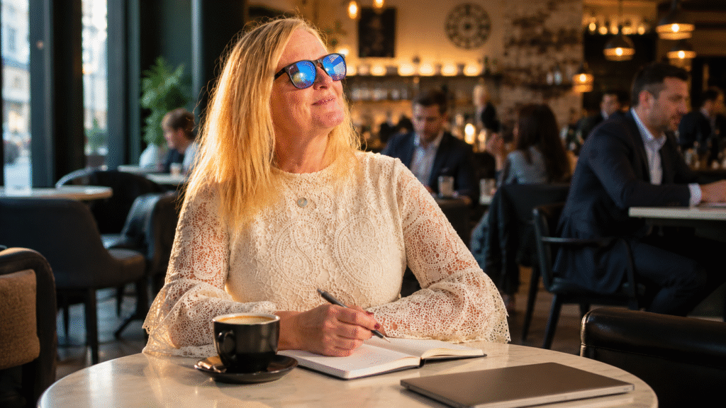 Helen Louise Adams in a Manchester café reflecting on business growth, success and developing a growth mindset.